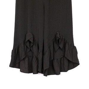 Black Sleeveless Jumpsuit LARGE Cropped Wide Leg Ruffle Hem Whimsical Romantic